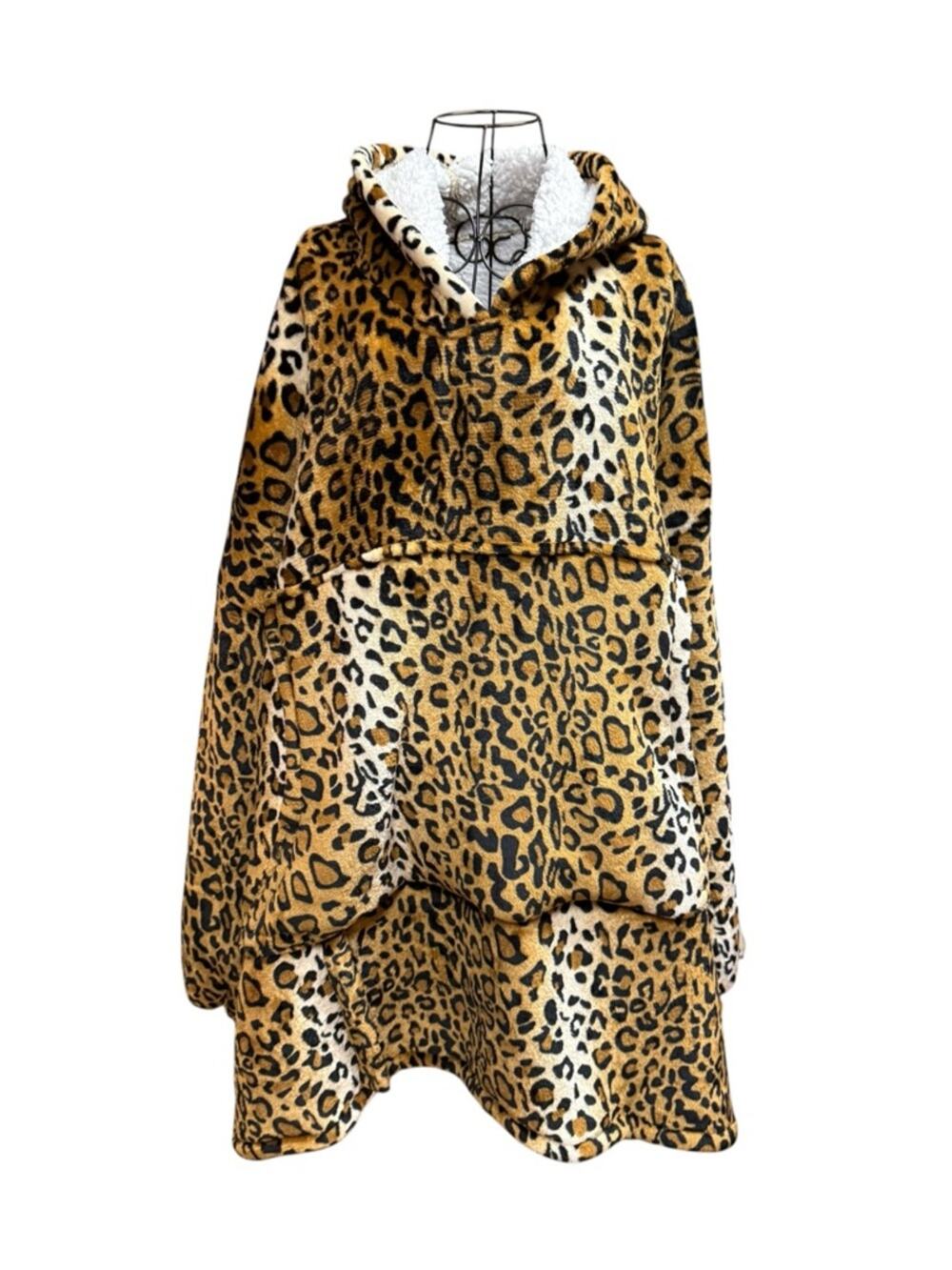 Catalonia Leopard Print Sherpa Hooded Blanket Coat - Tan & Black XL